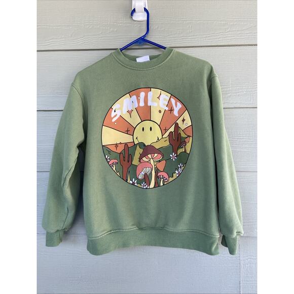 Cotton On Smiley Green Happy Face Cactus Sun Boho Hippie Crewneck Sweatshirt XS - Picture 1 of 7